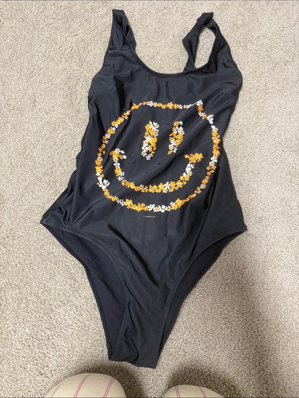 Ganni Black One-Piece Swimsuit with Yellow & White Floral Smile